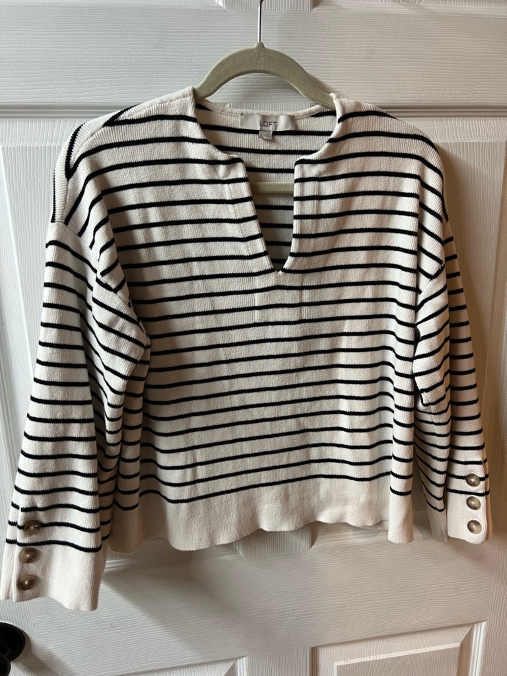 LOFT Cream and Black Striped V-Neck Sweater